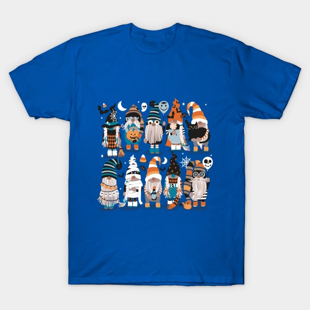 Boo-tiful gnomes // cobalt blue background fun little creatures black grey pastel blue and orange dressed for halloween T-Shirt by SelmaCardoso
